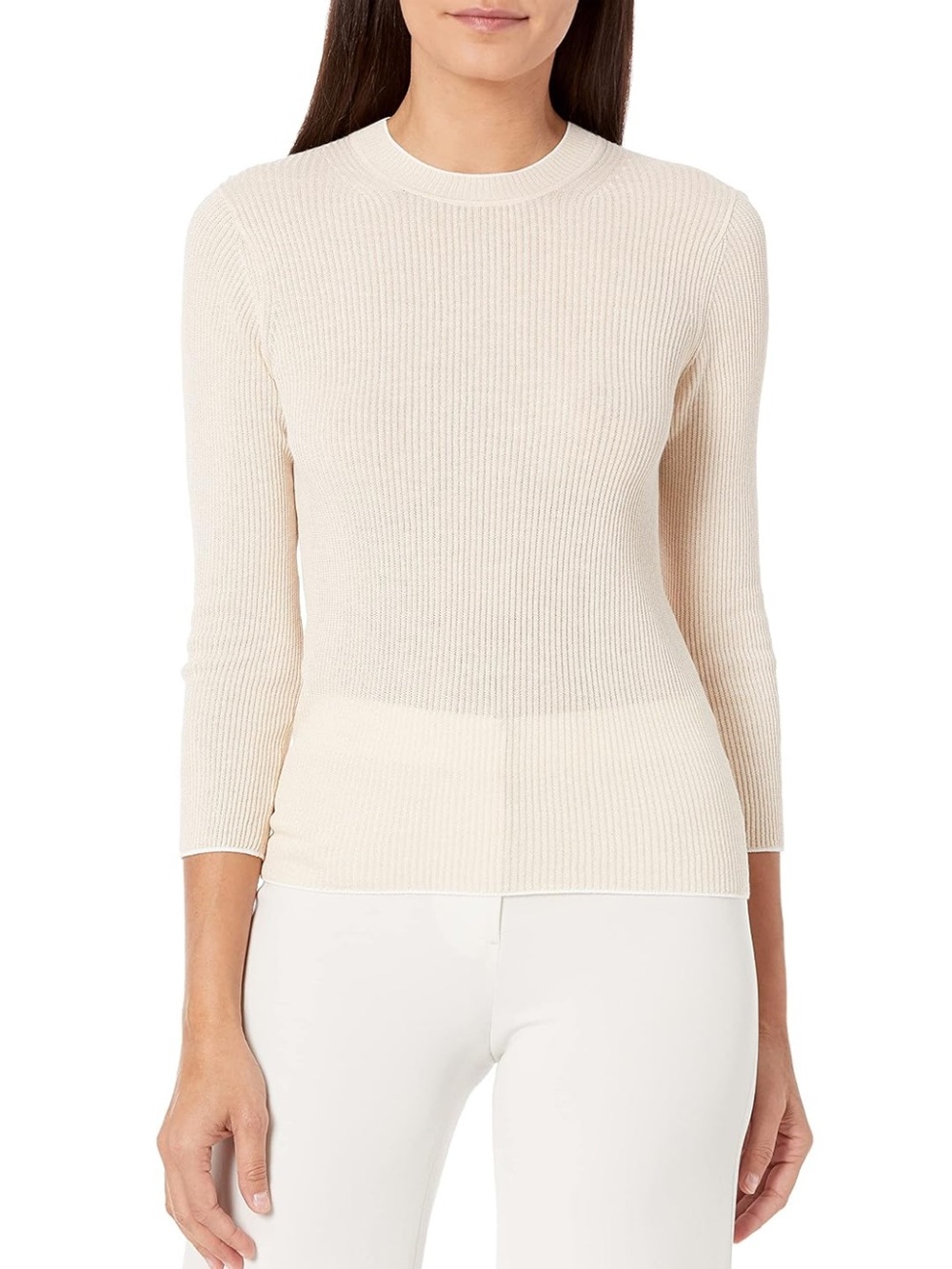 Vince Marled Ribbed Cotton Elbow Sleeve Crewneck Sweater Cream Peach Clay